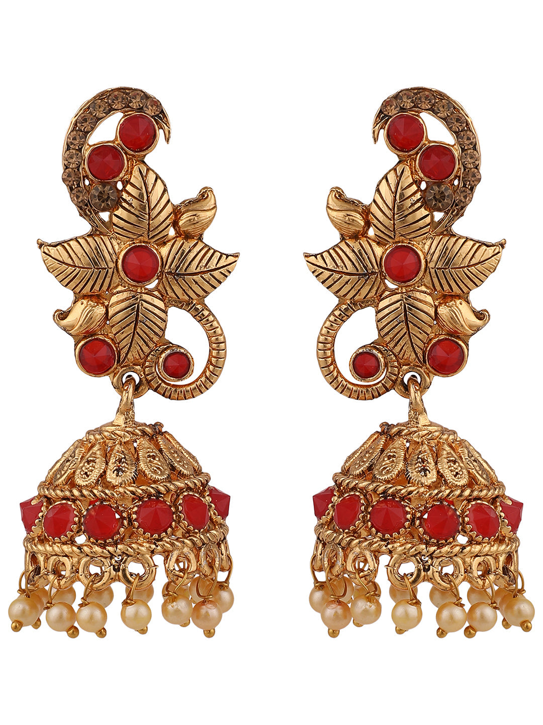 Women's Red Stone Studded Floral Shape Brass Gold Plated Jhumka Earring