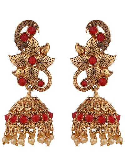 Women's Red Stone Studded Floral Shape Brass Gold Plated Jhumka Earring