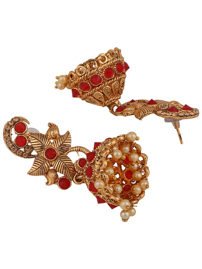 Women's Red Stone Studded Floral Shape Brass Gold Plated Jhumka Earring