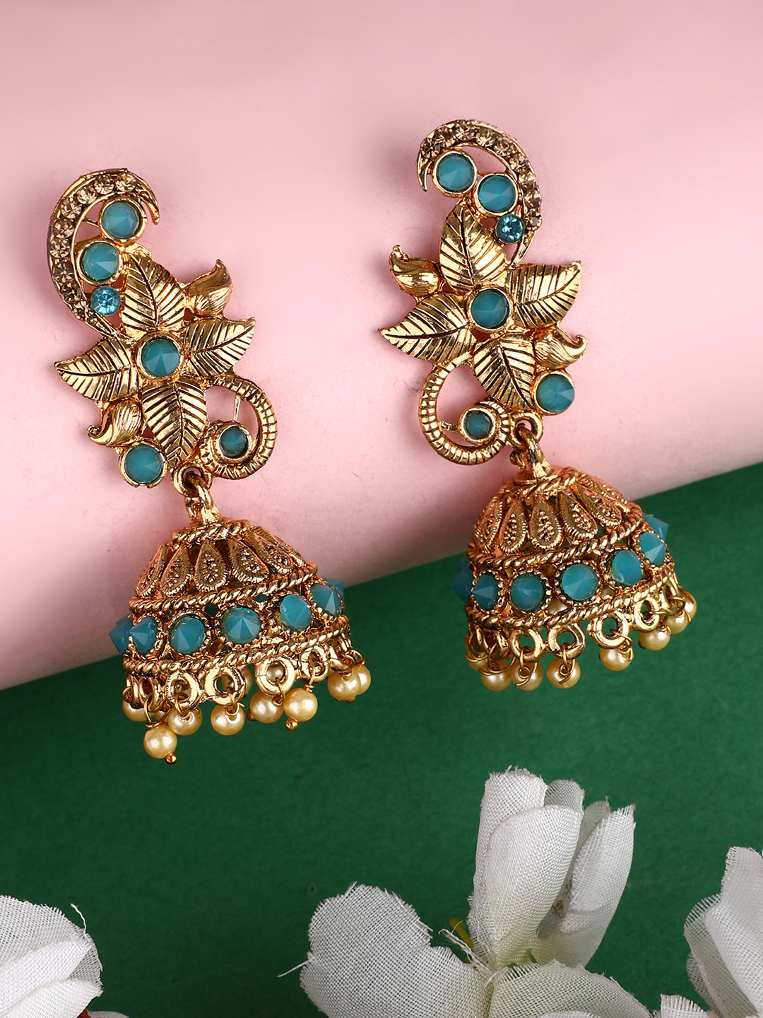 Women's Mint Stone Studded Floral Shape Brass Gold Plated Jhumka Earring