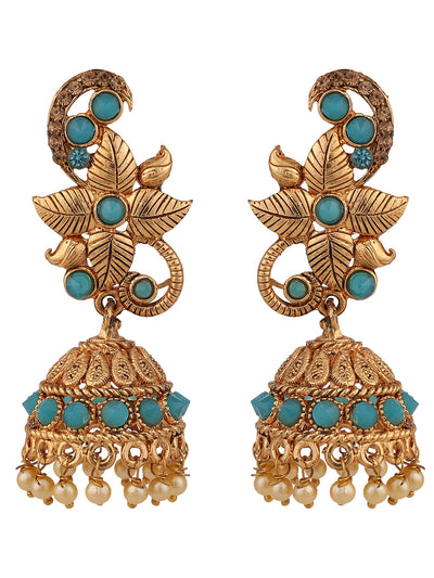 Women's Mint Stone Studded Floral Shape Brass Gold Plated Jhumka Earring