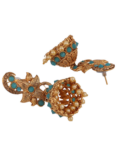 Women's Mint Stone Studded Floral Shape Brass Gold Plated Jhumka Earring