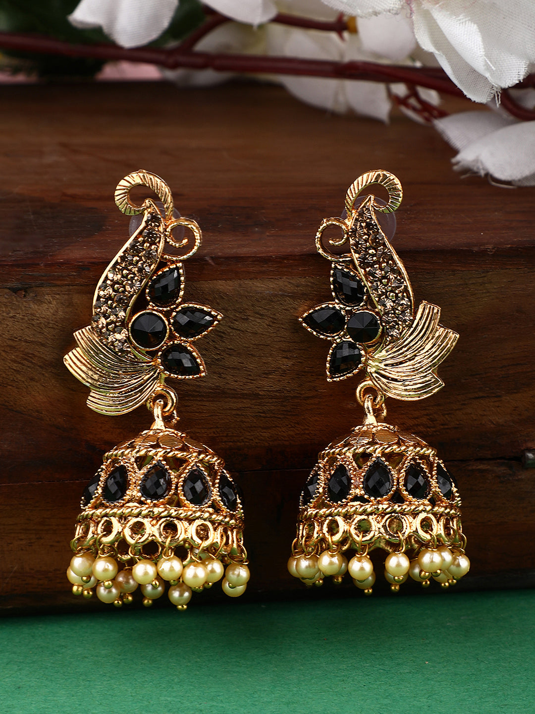Women's Floral Shaped Stylish Gold Plated Black Stone Studded Jhumka Earring