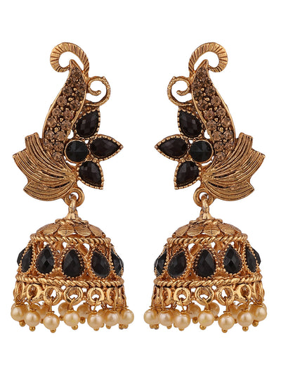 Women's Floral Shaped Stylish Gold Plated Black Stone Studded Jhumka Earring