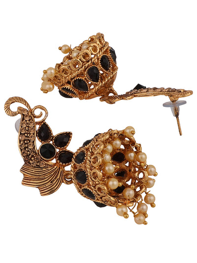 Women's Floral Shaped Stylish Gold Plated Black Stone Studded Jhumka Earring