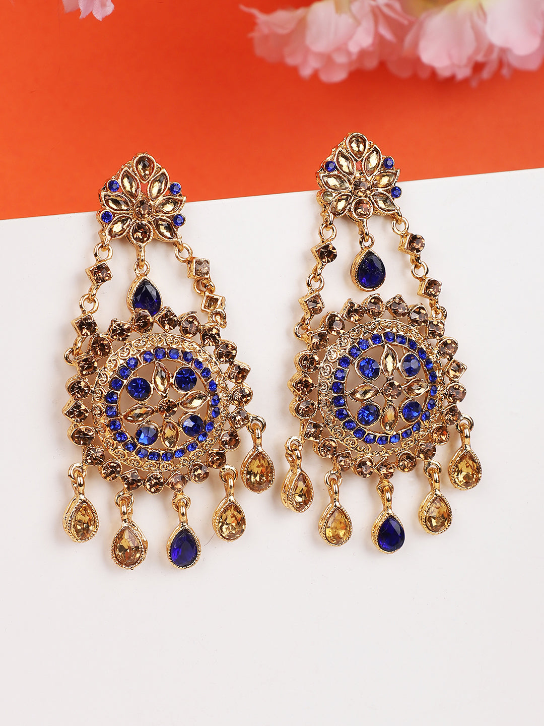 Women's Blue Gold Plated Cubic Zirconia Floral Shape Chandbali Earring