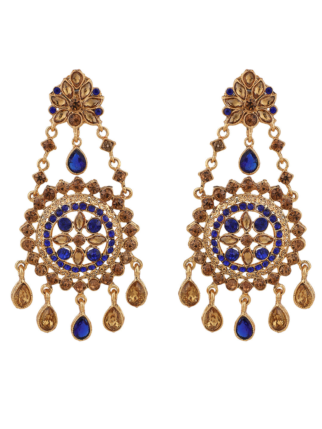 Women's Blue Gold Plated Cubic Zirconia Floral Shape Chandbali Earring