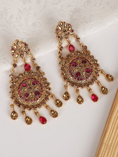 Women's Pink Gold Plated Cubic Zirconia Floral Shape Chandbali Earring