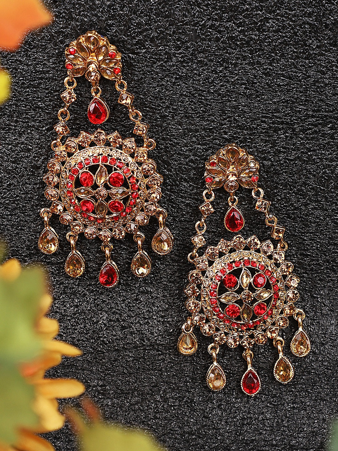 Women's Red Gold Plated Cubic Zirconia Floral Shape Chandbali Earring