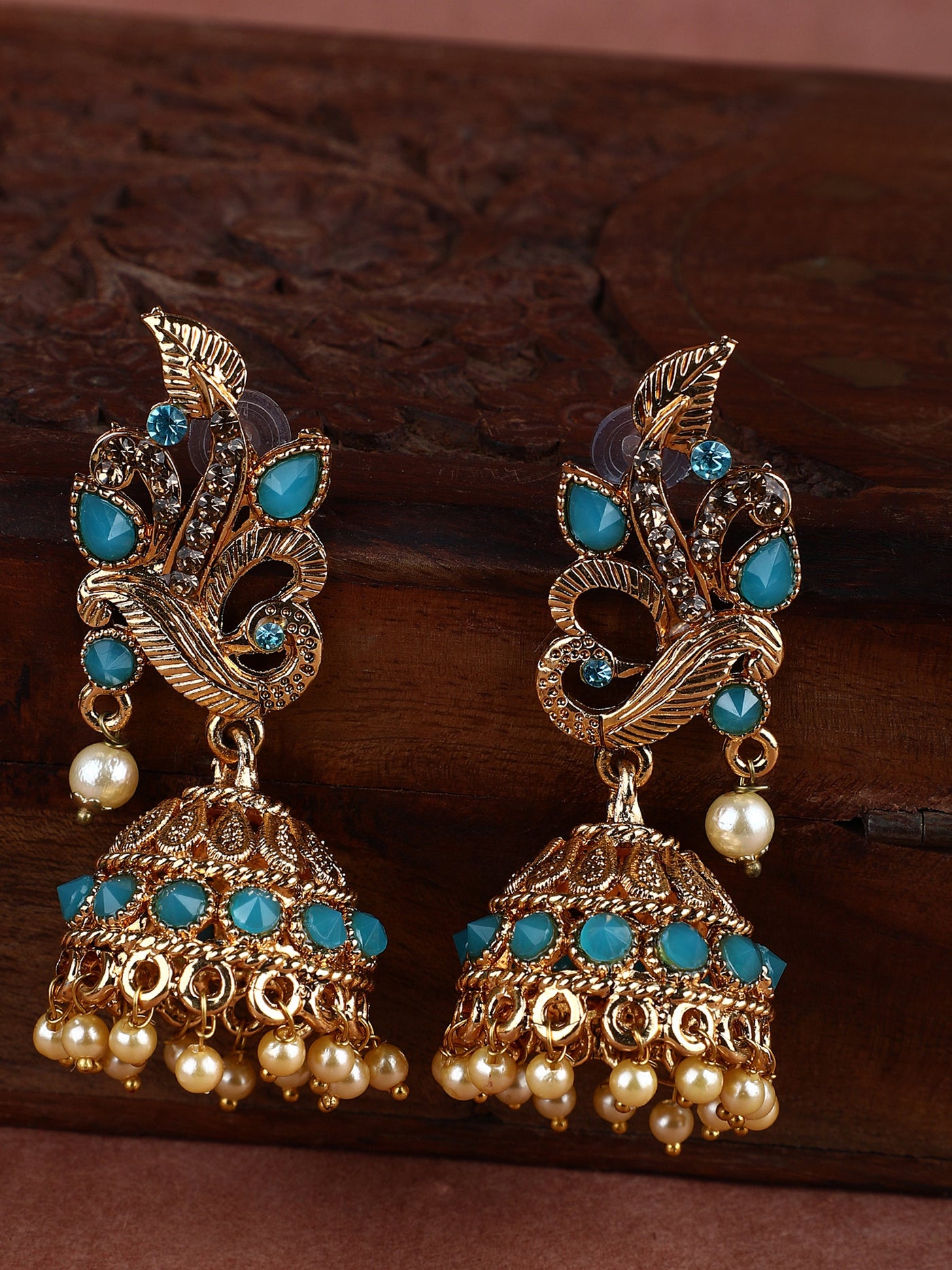Women's Gold Tone Traditional Brass Turquoise Stone Studded Jhumka/Jhumki