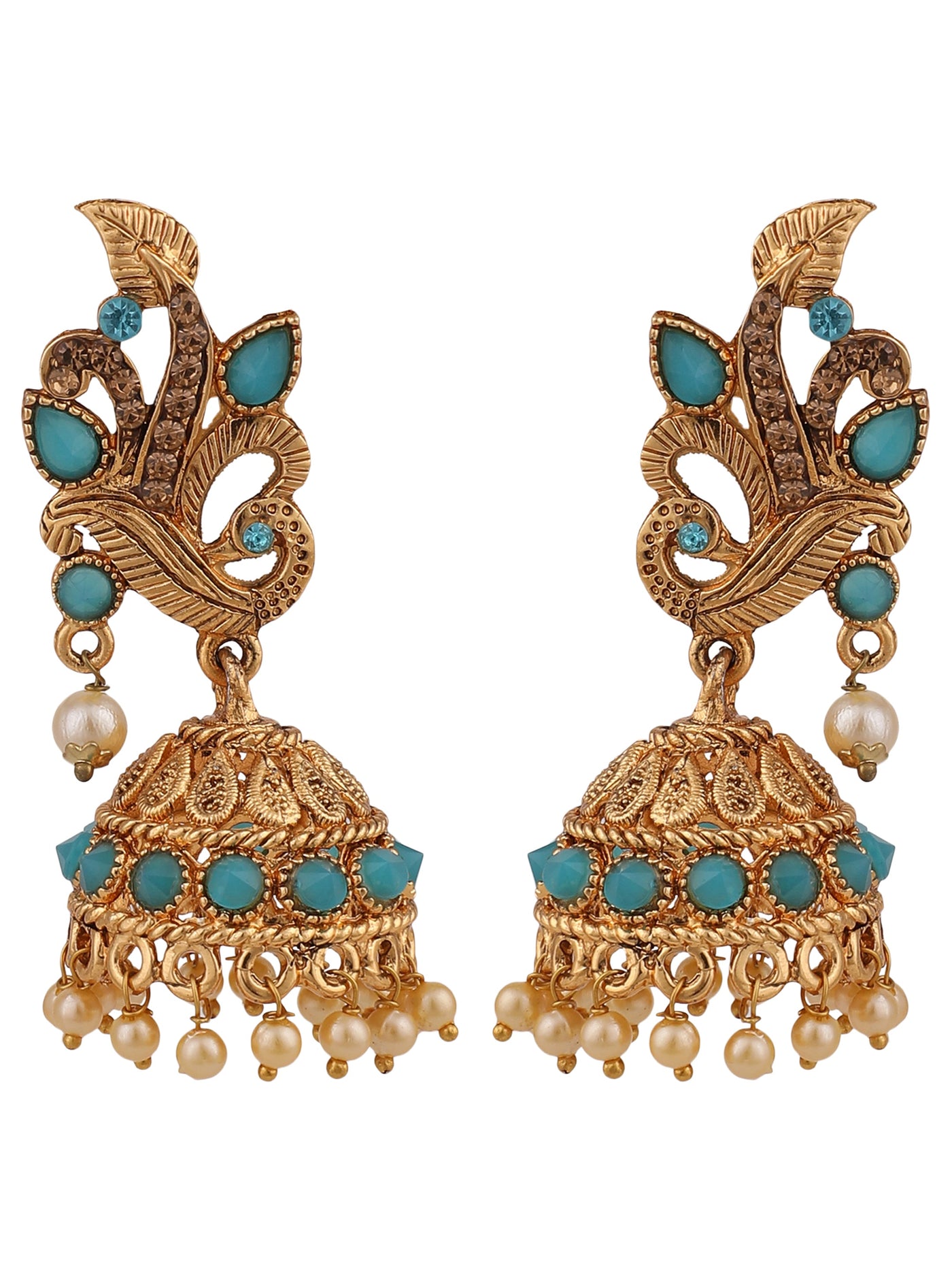 Women's Gold Tone Traditional Brass Turquoise Stone Studded Jhumka/Jhumki