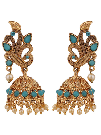 Women's Gold Tone Traditional Brass Turquoise Stone Studded Jhumka/Jhumki