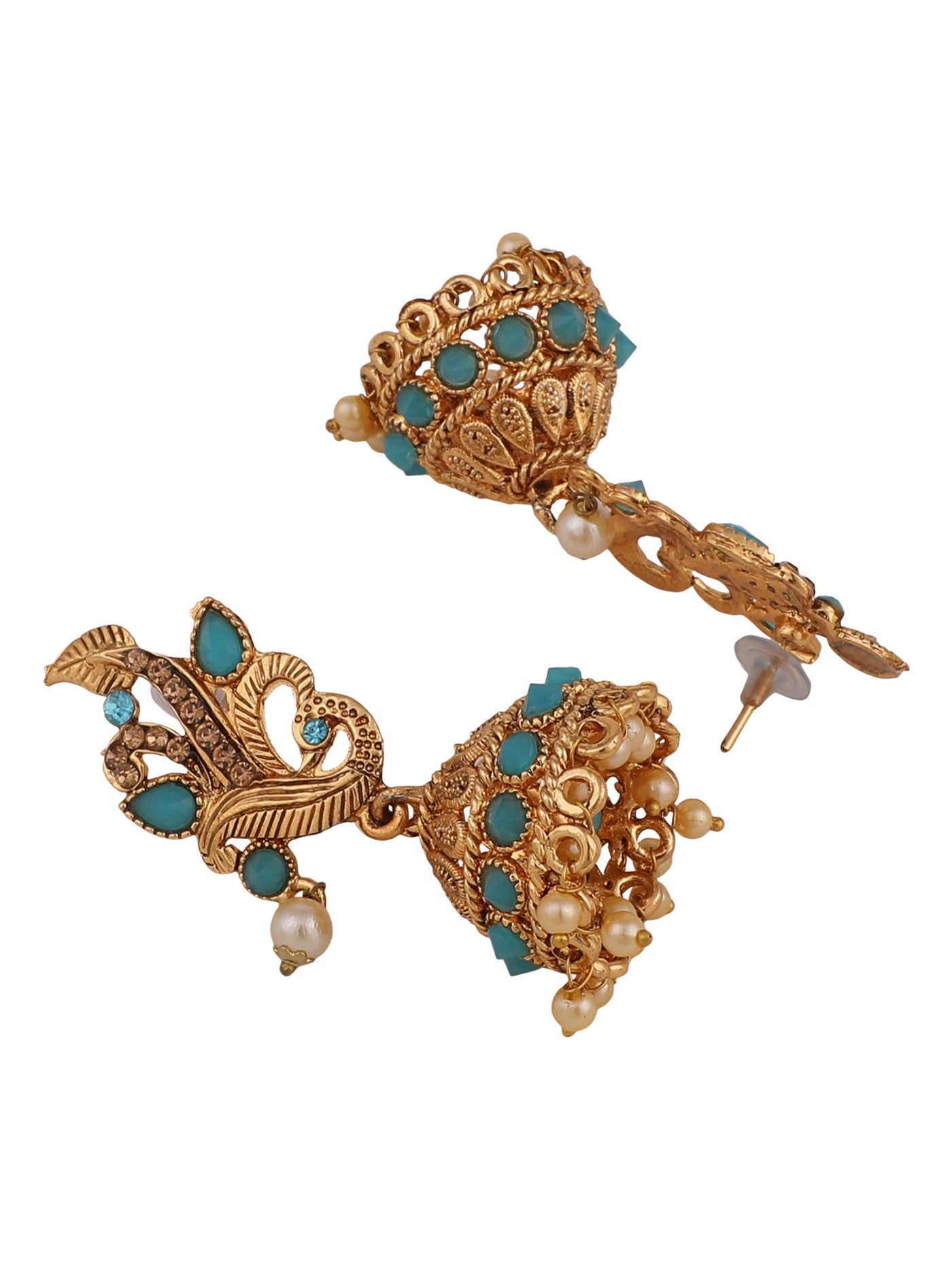 Women's Gold Tone Traditional Brass Turquoise Stone Studded Jhumka/Jhumki