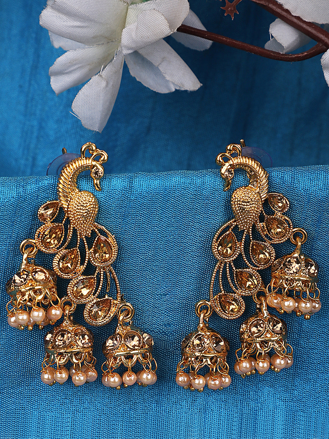 Women's Gold Plated Traditional Brass Peacock Cubic Zirconia 3 Jhumki Earring
