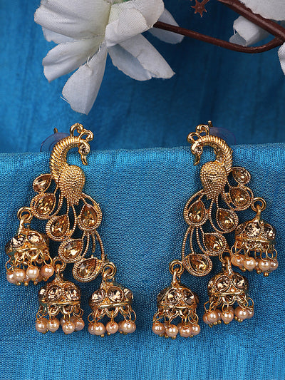 Women's Gold Plated Traditional Brass Peacock Cubic Zirconia 3 Jhumki Earring