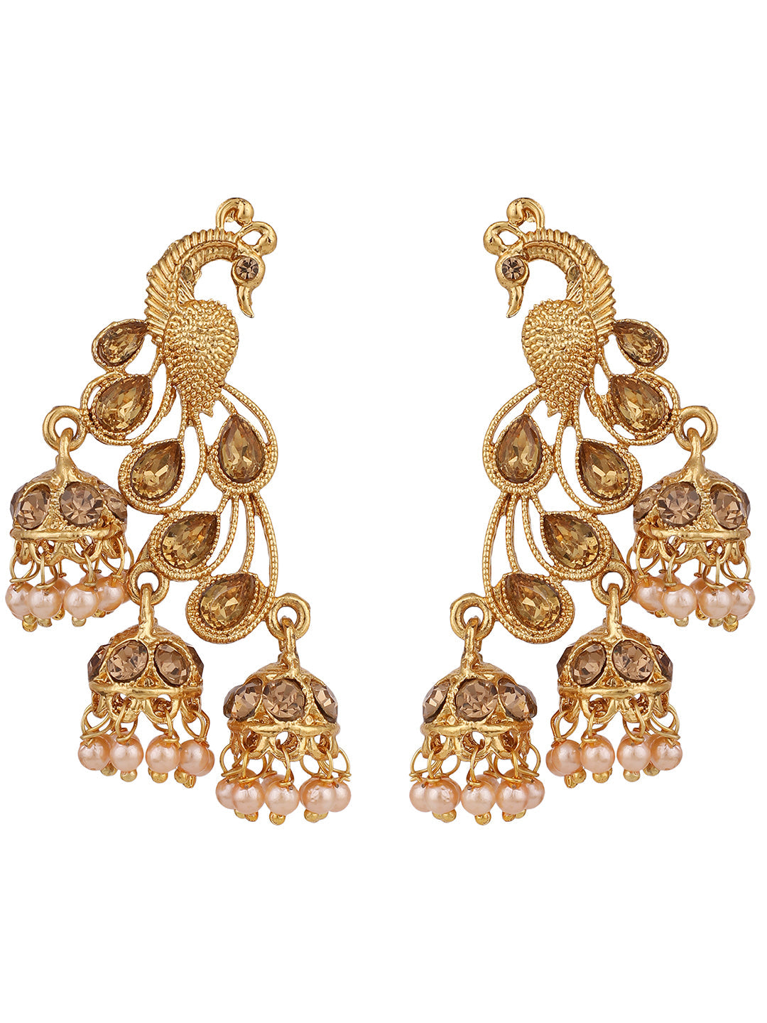 Women's Gold Plated Traditional Brass Peacock Cubic Zirconia 3 Jhumki Earring
