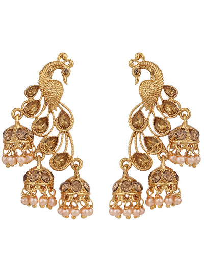 Women's Gold Plated Traditional Brass Peacock Cubic Zirconia 3 Jhumki Earring