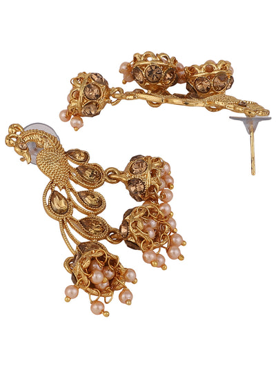 Women's Gold Plated Traditional Brass Peacock Cubic Zirconia 3 Jhumki Earring
