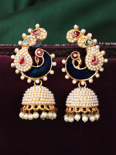 Women's Off-White Peacock Traditional Pearl and Meenakari Brass Jhumka Earring