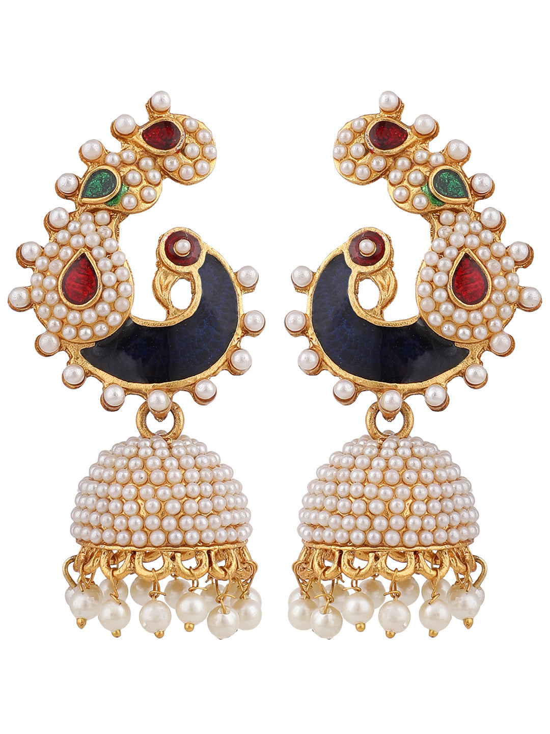 Women's Off-White Peacock Traditional Pearl and Meenakari Brass Jhumka Earring