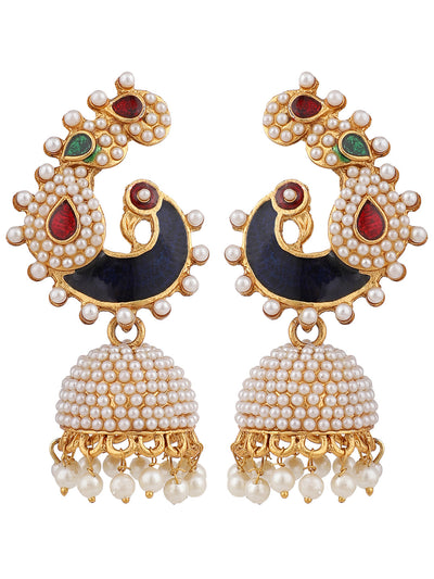 Women's Off-White Peacock Traditional Pearl and Meenakari Brass Jhumka Earring