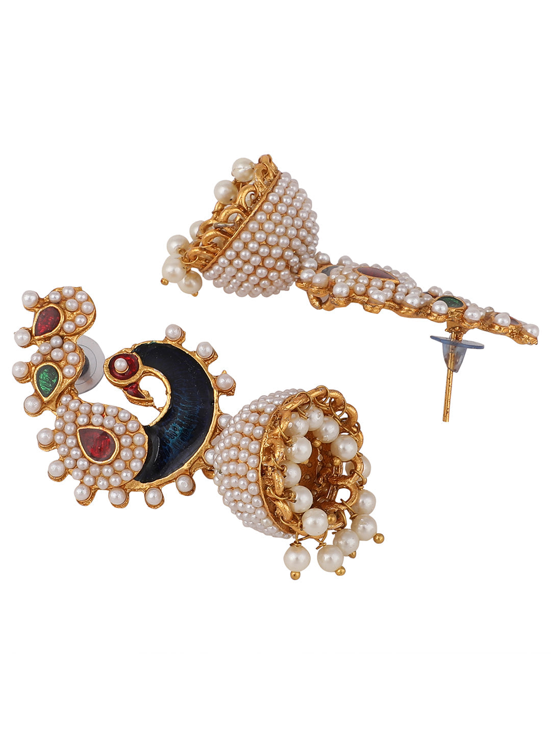Women's Off-White Peacock Traditional Pearl and Meenakari Brass Jhumka Earring
