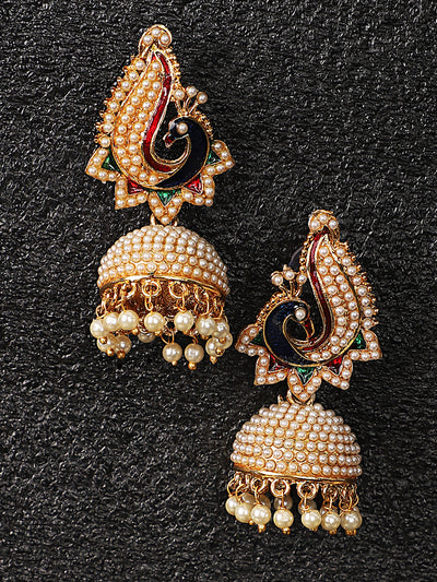 Women's Off-White Peacock Meenakari Pearl Traditional Brass Jhumka