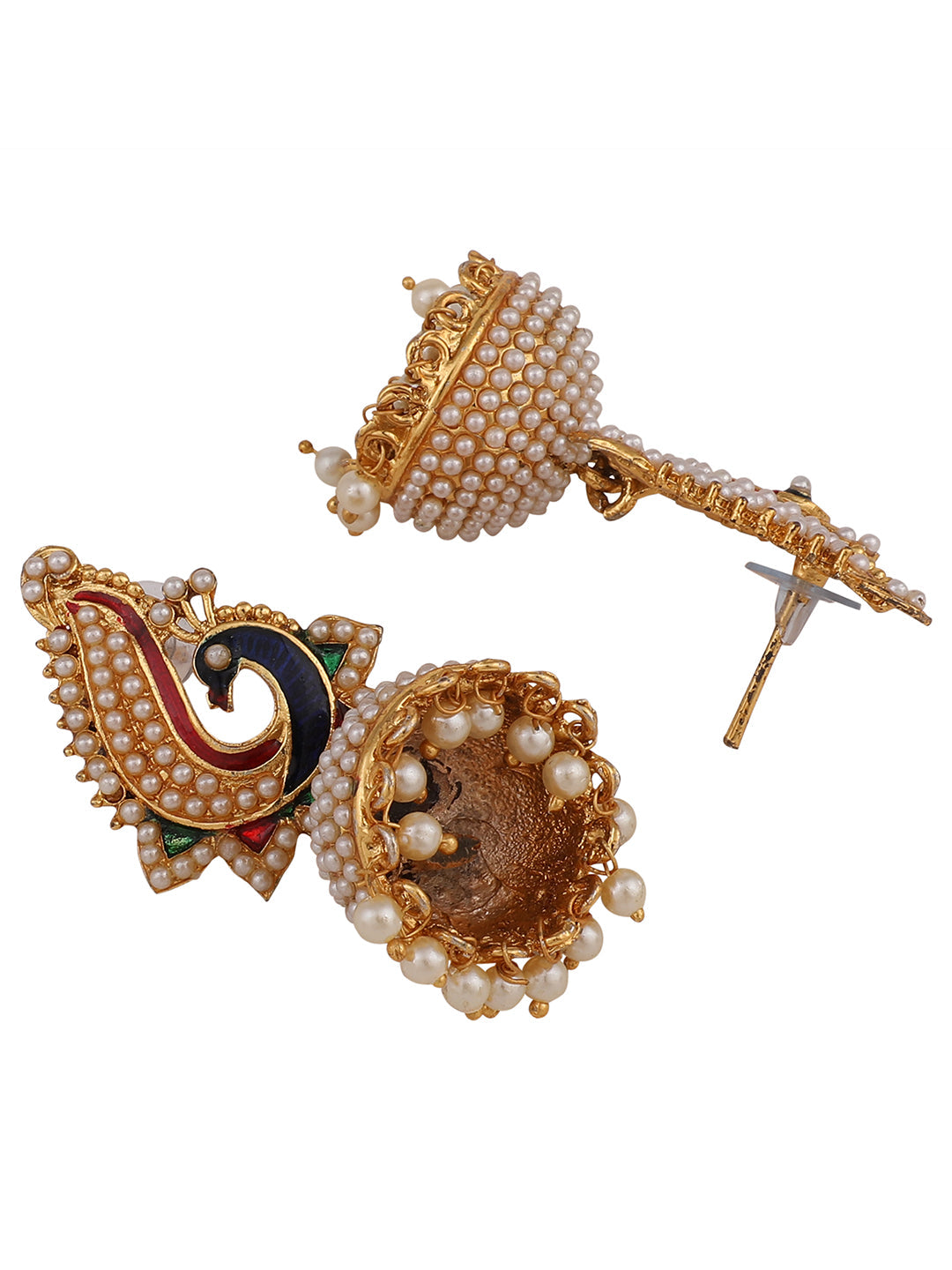 Women's Off-White Peacock Meenakari Pearl Traditional Brass Jhumka