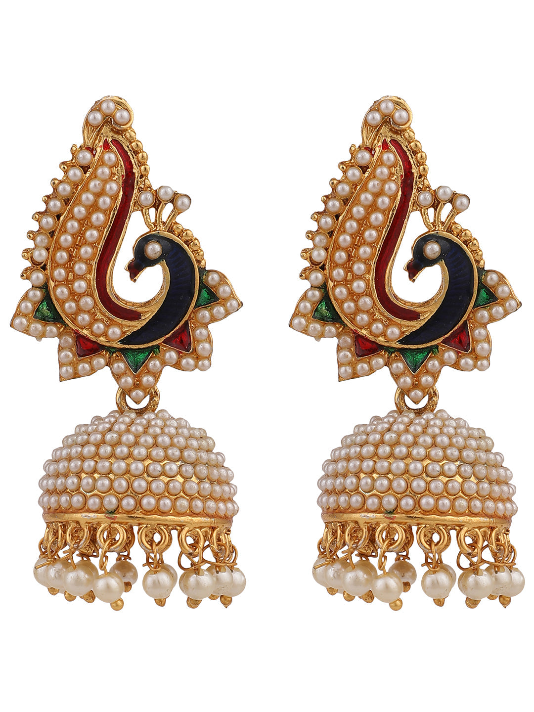 Women's Off-White Peacock Meenakari Pearl Traditional Brass Jhumka