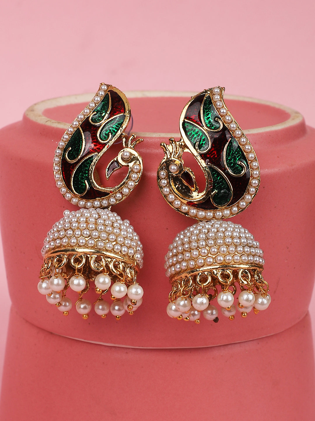 Women's Off-White & Multicolour Peacock Meenakari Pearl Traditional Brass Jhumka