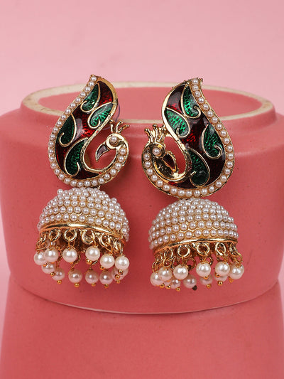 Women's Off-White & Multicolour Peacock Meenakari Pearl Traditional Brass Jhumka