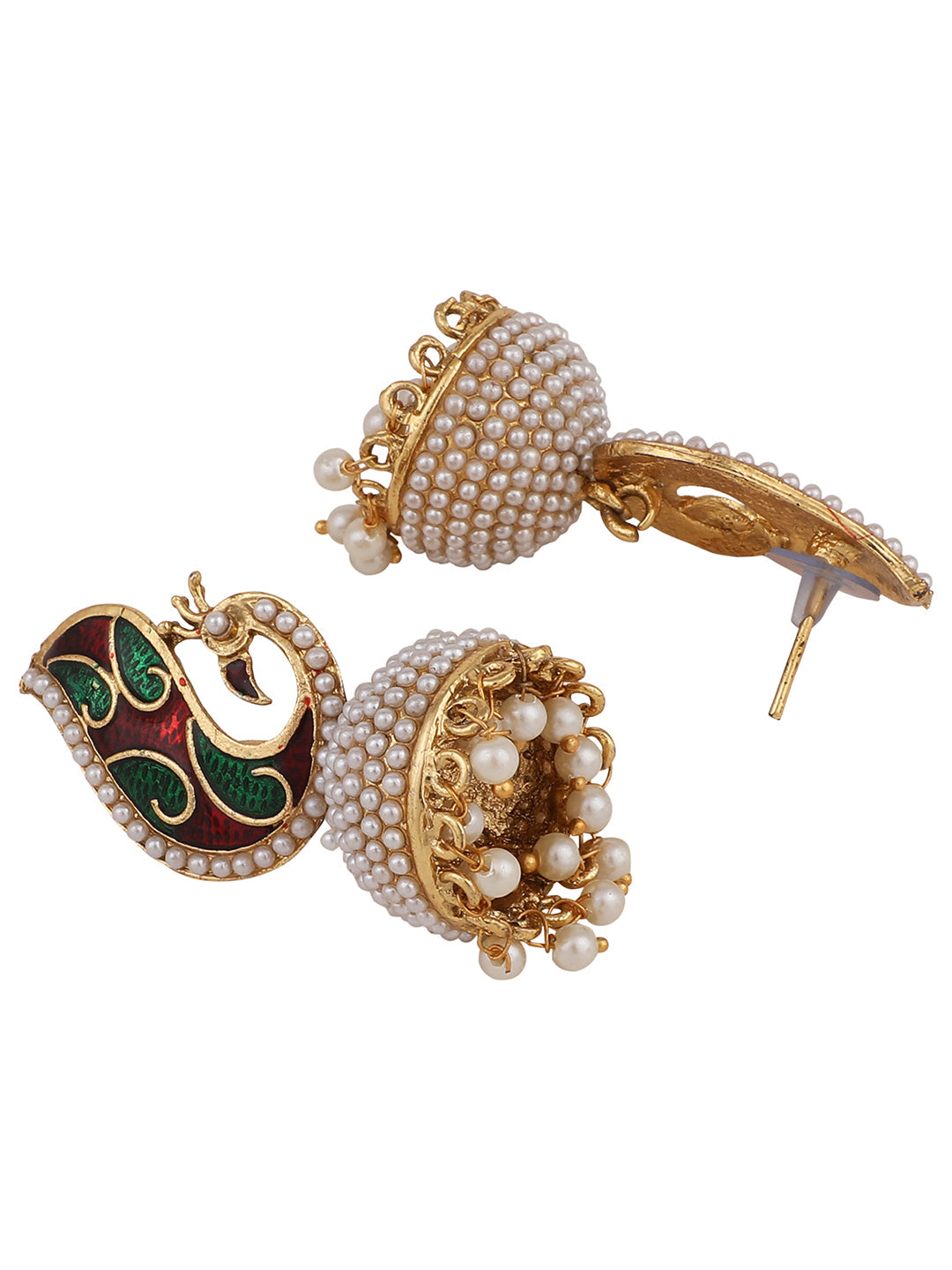 Women's Off-White & Multicolour Peacock Meenakari Pearl Traditional Brass Jhumka