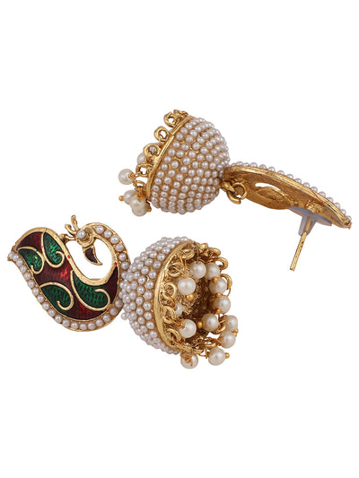 Women's Off-White & Multicolour Peacock Meenakari Pearl Traditional Brass Jhumka
