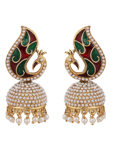 Women's Off-White & Multicolour Peacock Meenakari Pearl Traditional Brass Jhumka