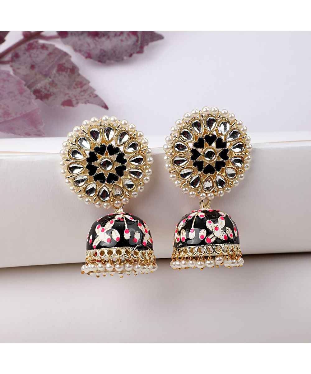 Women's Enameled Black colored Pearl studded Jhumka Earring