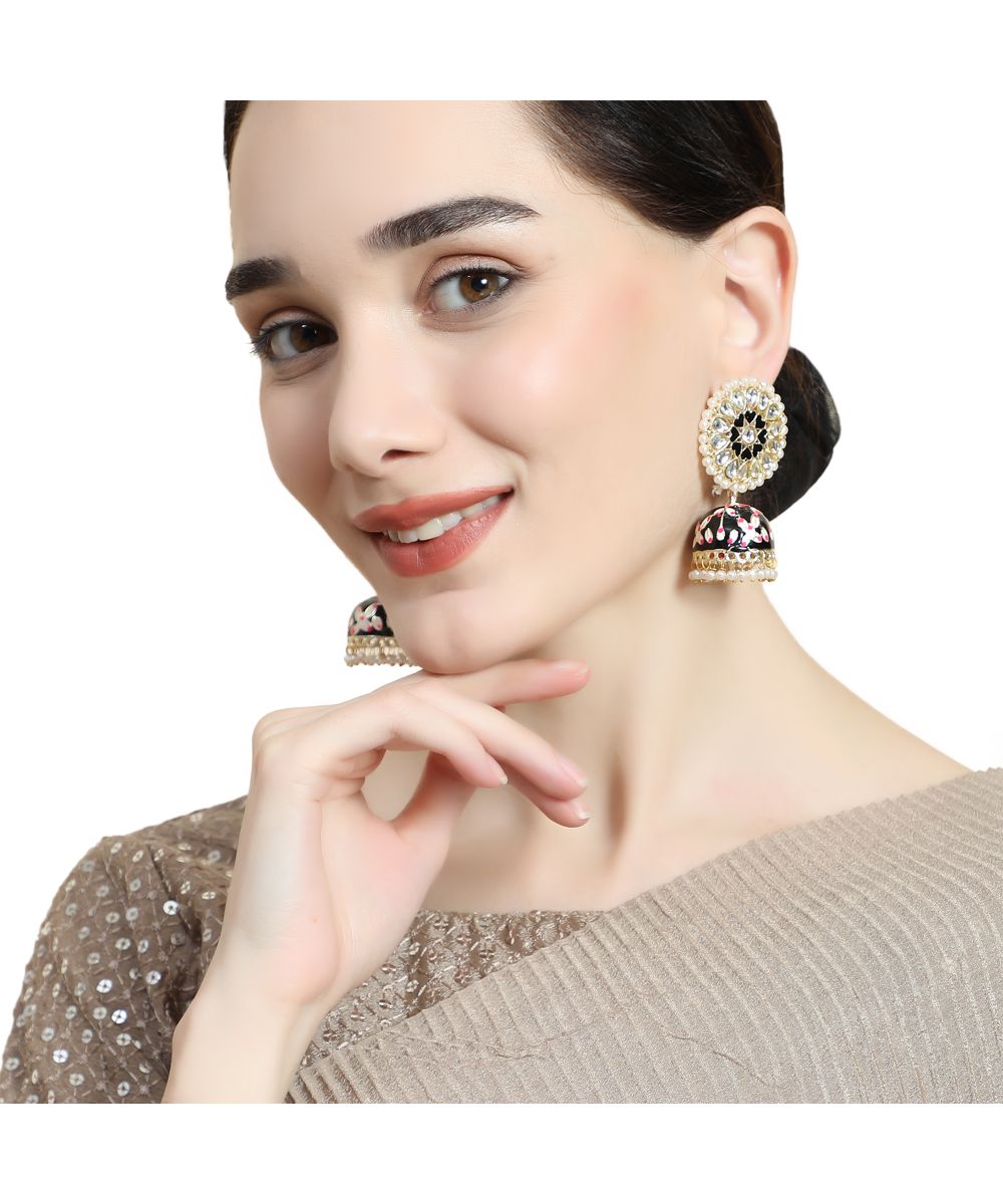 Women's Enameled Black colored Pearl studded Jhumka Earring