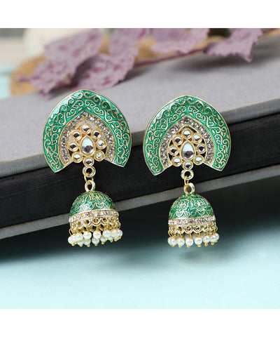 Women's Enameled Green Colored Structured Shaped Stone Studded Jhumka Earring