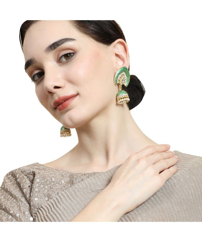 Women's Enameled Green Colored Structured Shaped Stone Studded Jhumka Earring