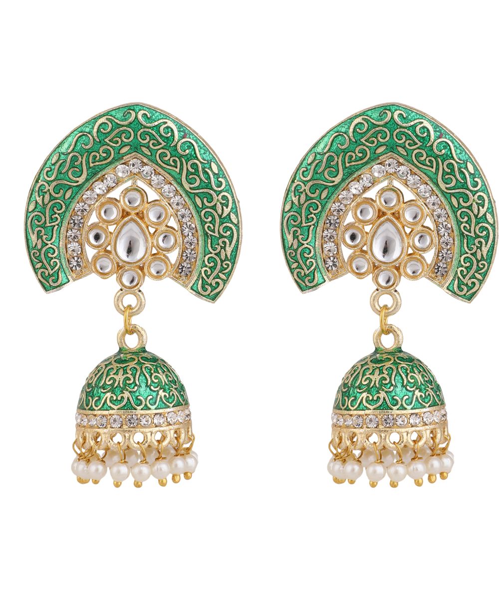 Women's Enameled Green Colored Structured Shaped Stone Studded Jhumka Earring