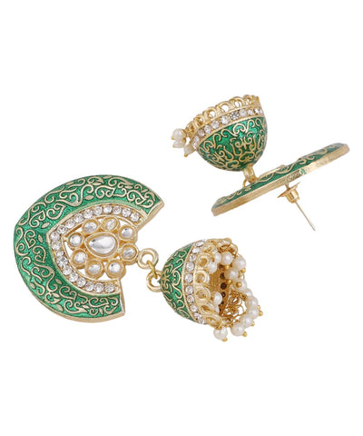 Women's Enameled Green Colored Structured Shaped Stone Studded Jhumka Earring