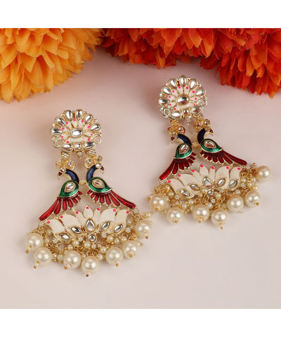 Women's Statement Peacock figure Kundan and Pearl Studded Party and Wedding Wear Earring