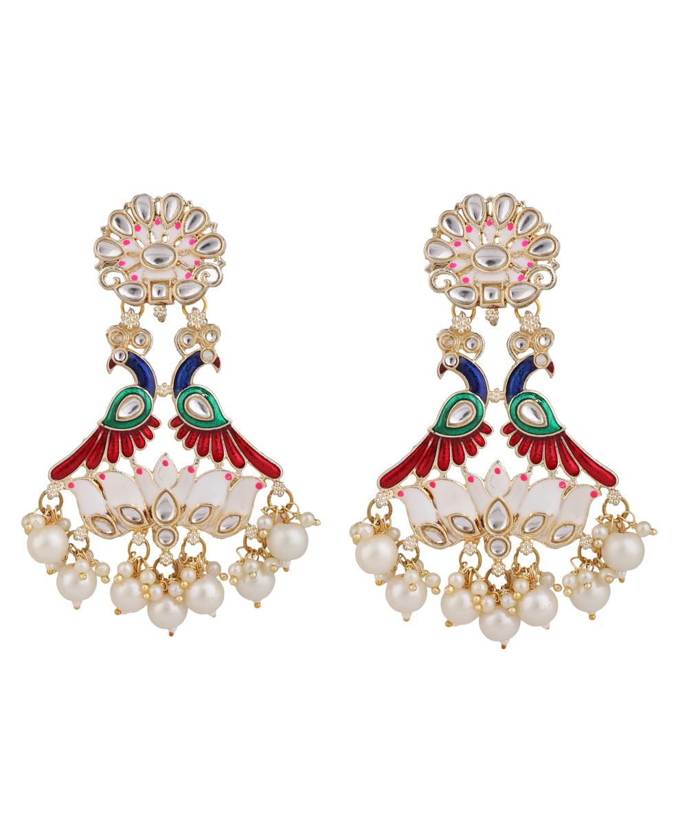 Women's Statement Peacock figure Kundan and Pearl Studded Party and Wedding Wear Earring