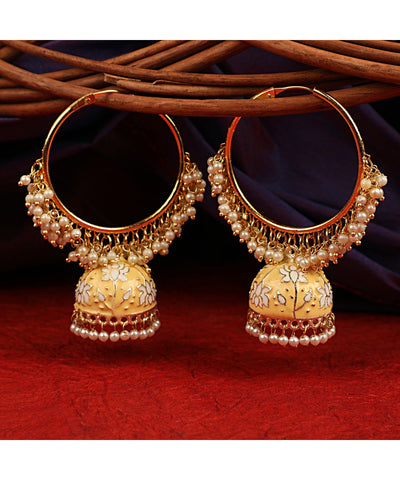 Women's Gold Plated Traditional Enameled Pearl Studded Jhumka Earring