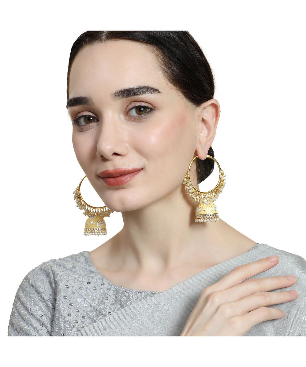 Women's Gold Plated Traditional Enameled Pearl Studded Jhumka Earring