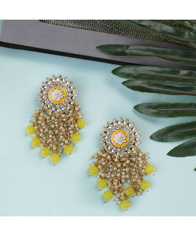 Women's Enameled Lotus Kundan and Pearl Fringed Statement Earring