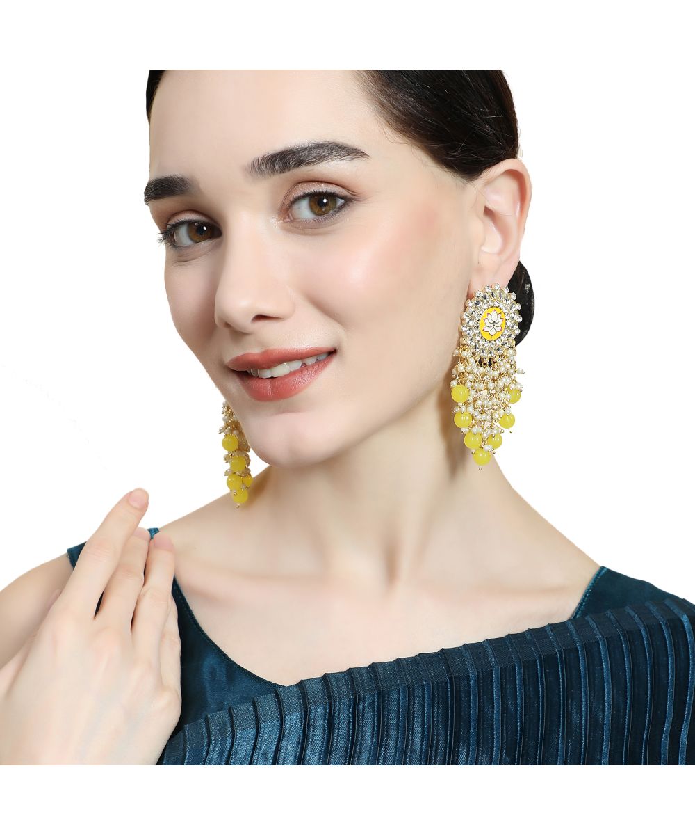 Women's Enameled Lotus Kundan and Pearl Fringed Statement Earring