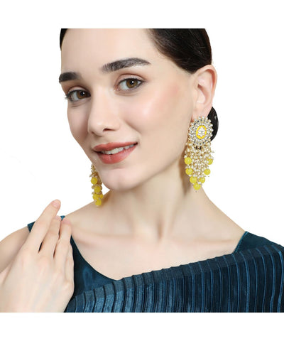 Women's Enameled Lotus Kundan and Pearl Fringed Statement Earring