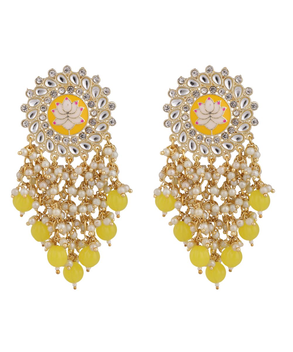 Women's Enameled Lotus Kundan and Pearl Fringed Statement Earring