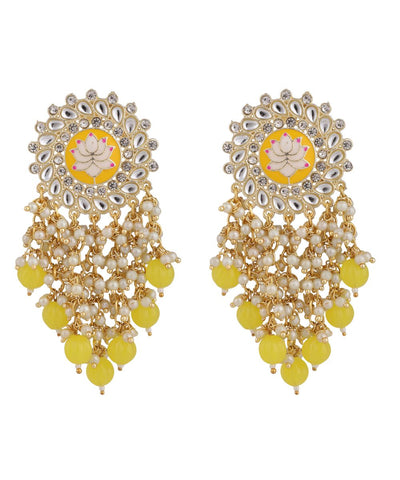 Women's Enameled Lotus Kundan and Pearl Fringed Statement Earring