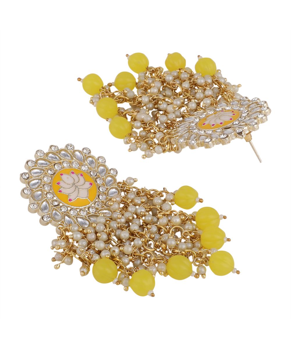 Women's Enameled Lotus Kundan and Pearl Fringed Statement Earring